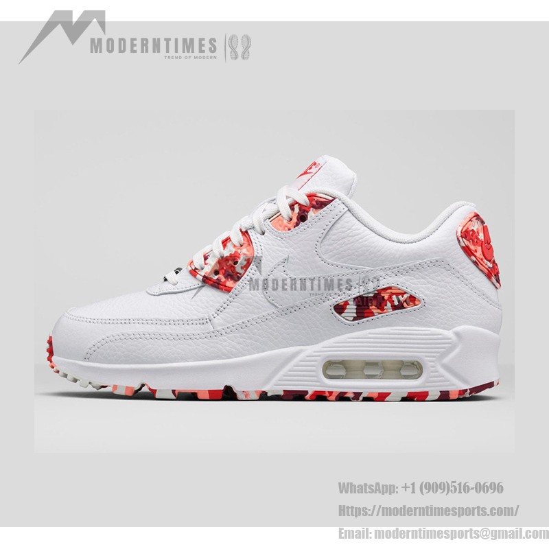 Close-up of Nike Air Max 90 813150-100 with red camouflage overlays and white leather upper