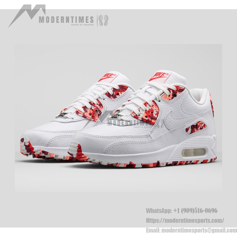 Close-up of Nike Air Max 90 813150-100 with red camouflage overlays and white leather upper