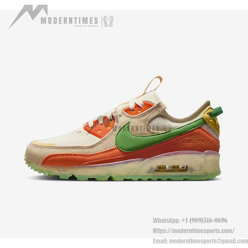 Nike Air Max Terrascape 90 DV7413-100 베이지 스니커즈, 그린 스우시와 오렌지 디테일 포함