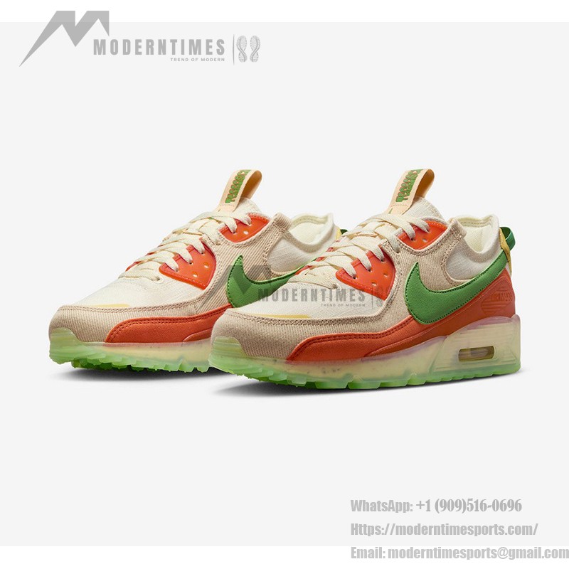 Nike Air Max Terrascape 90 DV7413-100 베이지 스니커즈, 그린 스우시와 오렌지 디테일 포함