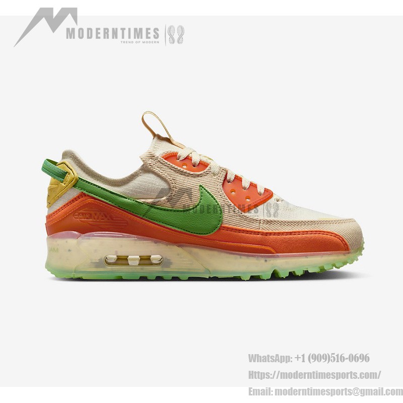 Nike Air Max Terrascape 90 DV7413-100 베이지 스니커즈, 그린 스우시와 오렌지 디테일 포함