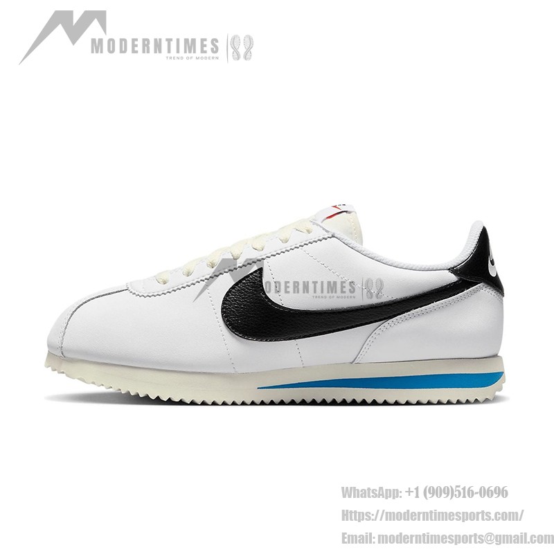 Nike Cortez White Black Light Photo Blue DN1791-100 - Retro-inspired sneakers with black and blue accents.