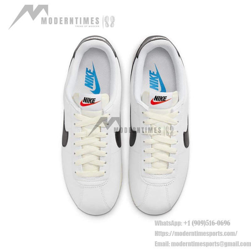 Nike Cortez White Black Light Photo Blue DN1791-100 - Retro-inspired sneakers with black and blue accents.