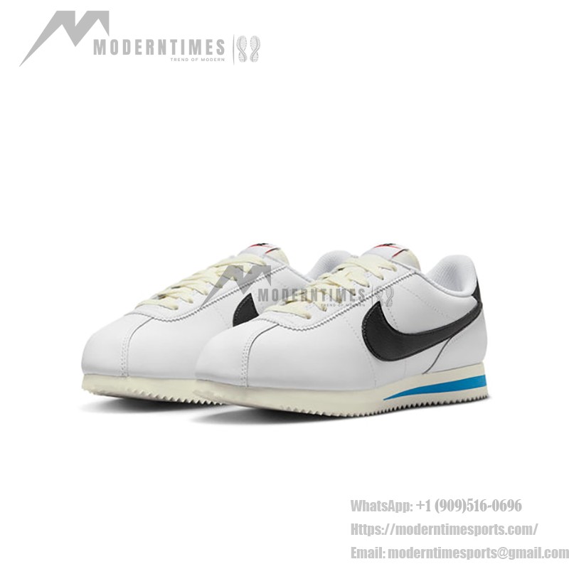 Nike Cortez White Black Light Photo Blue DN1791-100 - Retro-inspired sneakers with black and blue accents.