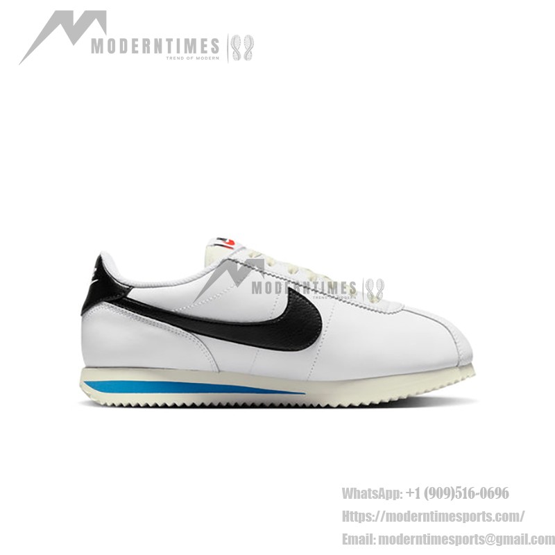 Nike Cortez White Black Light Photo Blue DN1791-100 - Retro-inspired sneakers with black and blue accents.