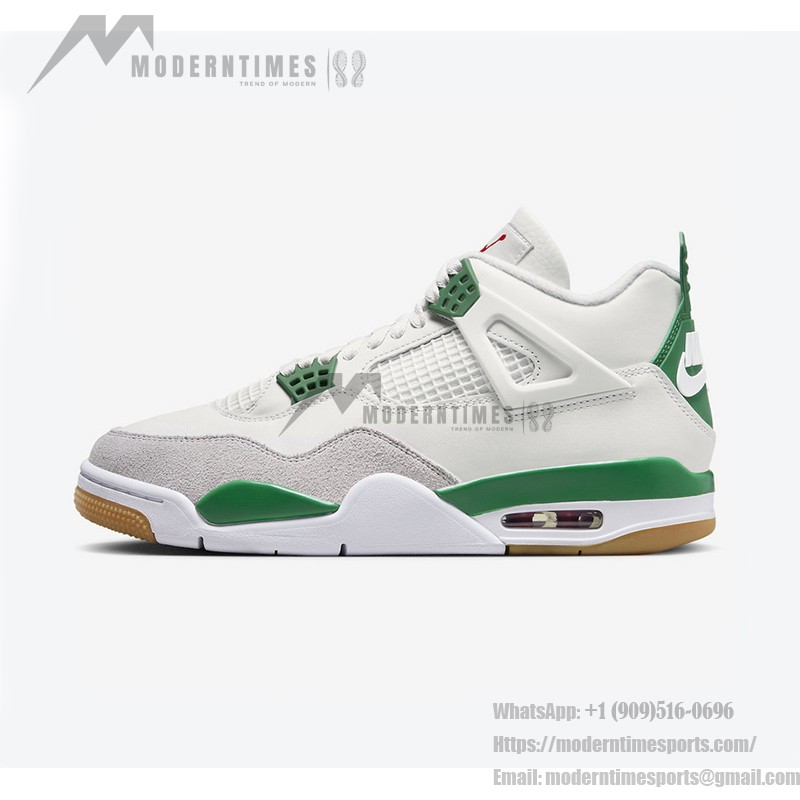 Side view of the Nike SB x Air Jordan 4 "Pine Green" DR5415-103 sneaker in white with pine green accents