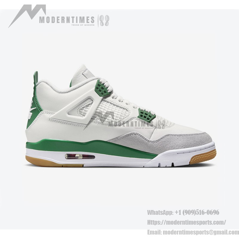 Side view of the Nike SB x Air Jordan 4 "Pine Green" DR5415-103 sneaker in white with pine green accents