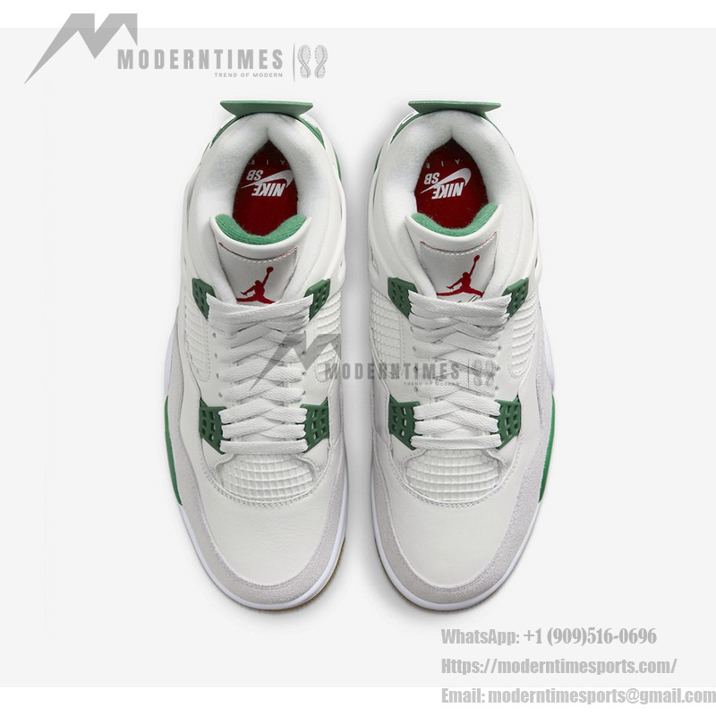 Side view of the Nike SB x Air Jordan 4 "Pine Green" DR5415-103 sneaker in white with pine green accents