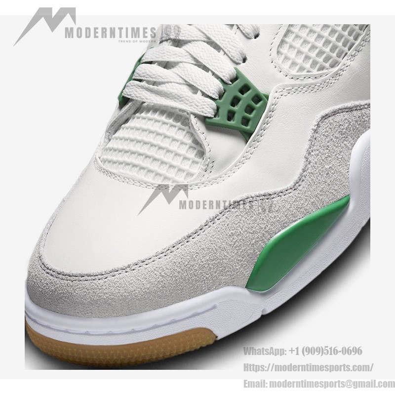 Side view of the Nike SB x Air Jordan 4 "Pine Green" DR5415-103 sneaker in white with pine green accents