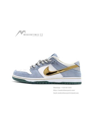 Nike SB Dunk Low "Sean Cliver" DC9936-100 Skate Shoes - Limited Gold Metallic Design, Blue and White Colorway