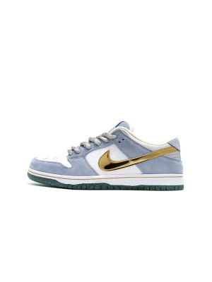 Nike SB Dunk Low "Sean Cliver" DJ2519-400 Skate Shoes - Limited Gold Metallic Design, Blue and White Colorway