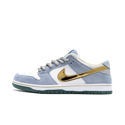 Nike SB Dunk Low "Sean Cliver" DJ2519-400 Skate Shoes - Limited Gold Metallic Design, Blue and White Colorway