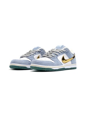 Nike SB Dunk Low "Sean Cliver" DJ2519-400 Skate Shoes - Limited Gold Metallic Design, Blue and White Colorway