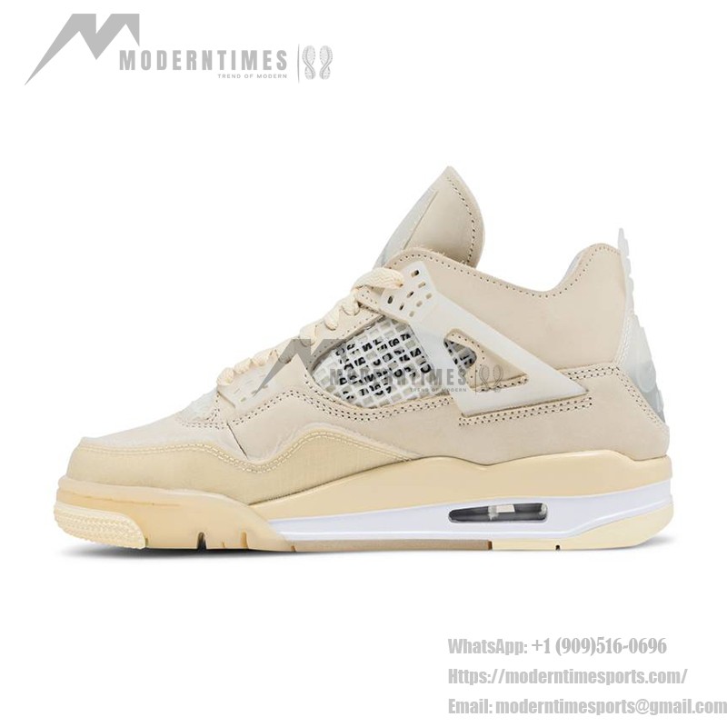 Side view of the Off-White x Air Jordan 4 "Sail" CV9388-100 women's sneaker in neutral tones