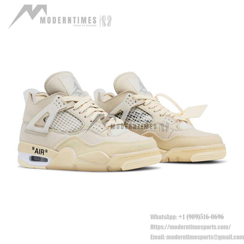 Side view of the Off-White x Air Jordan 4 "Sail" CV9388-100 women's sneaker in neutral tones