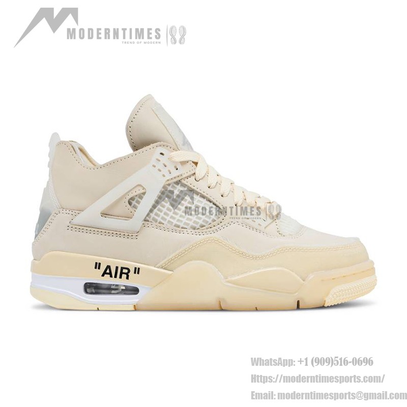 Side view of the Off-White x Air Jordan 4 "Sail" CV9388-100 women's sneaker in neutral tones