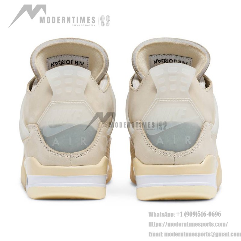 Side view of the Off-White x Air Jordan 4 "Sail" CV9388-100 women's sneaker in neutral tones