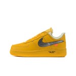 Off-White x Nike Air Force 1 Low "University Gold" DD1876-700 Gold Sneakers with Metallic Swoosh and Exposed Stitching