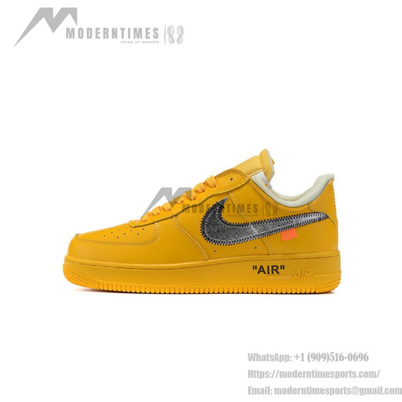 Off-White x Nike Air Force 1 Low "University Gold" DD1876-700 Gold Sneakers with Metallic Swoosh and Exposed Stitching