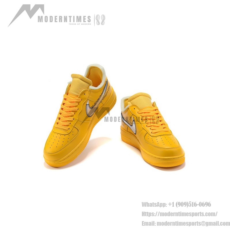 Off-White x Nike Air Force 1 Low "University Gold" DD1876-700 Gold Sneakers with Metallic Swoosh and Exposed Stitching