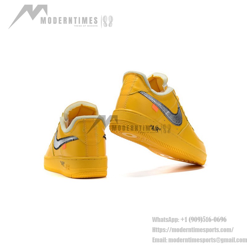 Off-White x Nike Air Force 1 Low "University Gold" DD1876-700 Gold Sneakers with Metallic Swoosh and Exposed Stitching