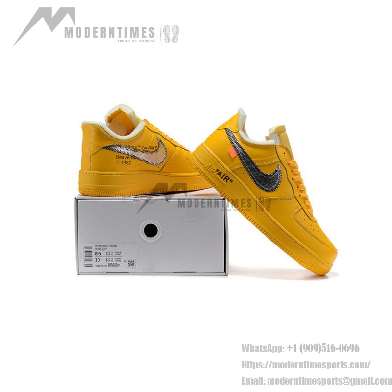 Off-White x Nike Air Force 1 Low "University Gold" DD1876-700 Gold Sneakers with Metallic Swoosh and Exposed Stitching