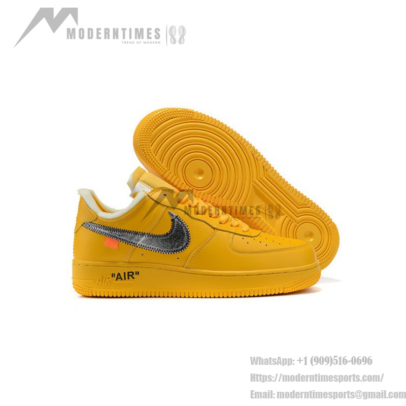 Off-White x Nike Air Force 1 Low "University Gold" DD1876-700 Gold Sneakers with Metallic Swoosh and Exposed Stitching