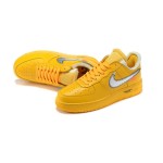 Off-White x Nike Air Force 1 Low "University Gold" DD1876-700 Gold Sneakers with Metallic Swoosh and Exposed Stitching