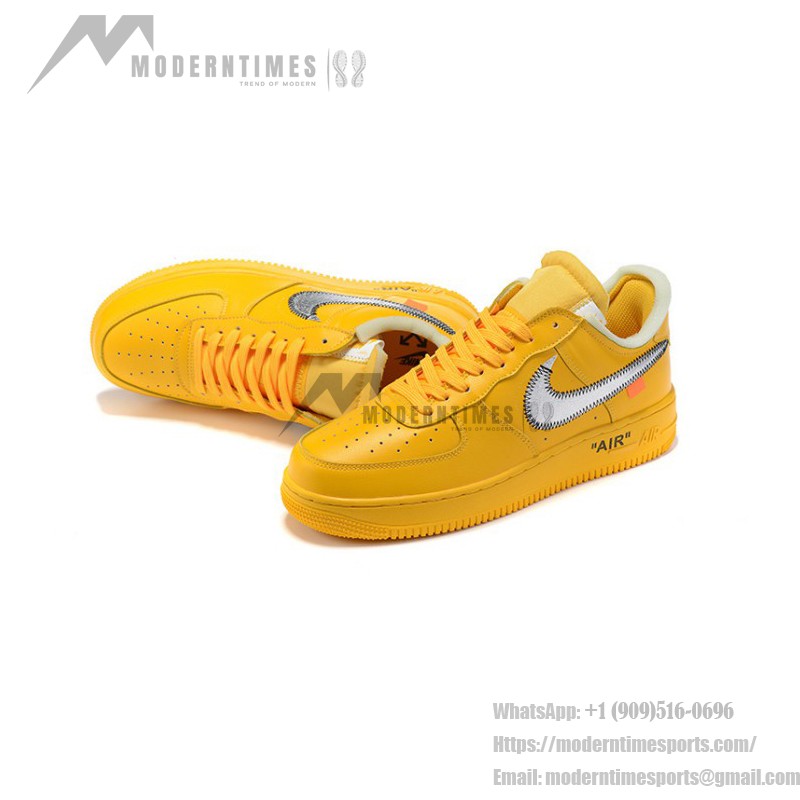 Off-White x Nike Air Force 1 Low "University Gold" DD1876-700 Gold Sneakers with Metallic Swoosh and Exposed Stitching