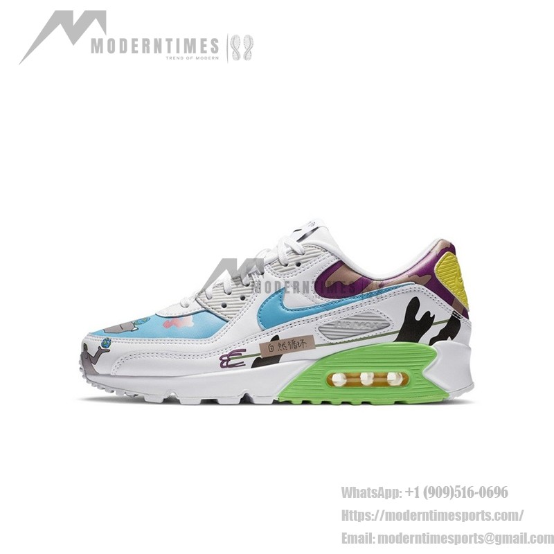 Ruohan Wang x Nike Air Max 90 Flyleather CZ3992-900 with colorful abstract patterns and green accents