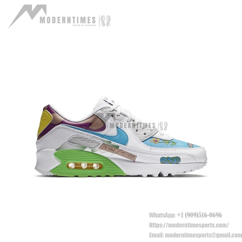 Ruohan Wang x Nike Air Max 90 Flyleather CZ3992-900 with colorful abstract patterns and green accents