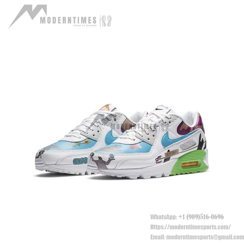 Ruohan Wang x Nike Air Max 90 Flyleather CZ3992-900 with colorful abstract patterns and green accents