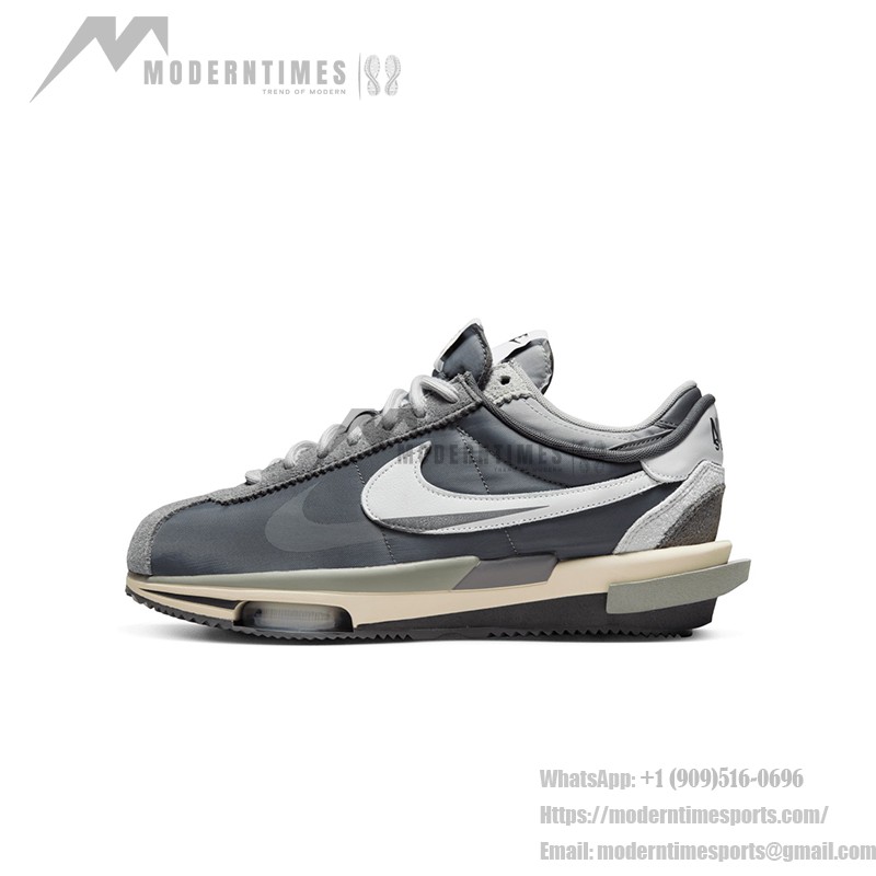 Sacai x Nike Cortez 4.0 Iron Grey DQ0581-001 - Modern grey sneakers with layered design and Zoom Air cushioning