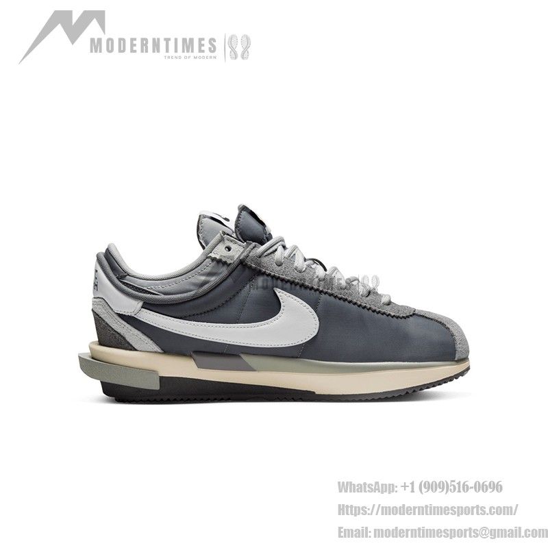 Sacai x Nike Cortez 4.0 Iron Grey DQ0581-001 - Modern grey sneakers with layered design and Zoom Air cushioning