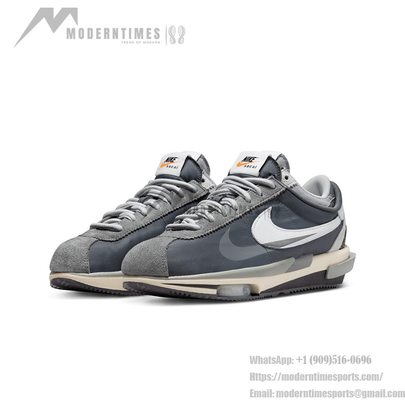 Sacai x Nike Cortez 4.0 Iron Grey DQ0581-001 - Modern grey sneakers with layered design and Zoom Air cushioning