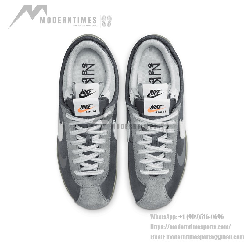 Sacai x Nike Cortez 4.0 Iron Grey DQ0581-001 - Modern grey sneakers with layered design and Zoom Air cushioning