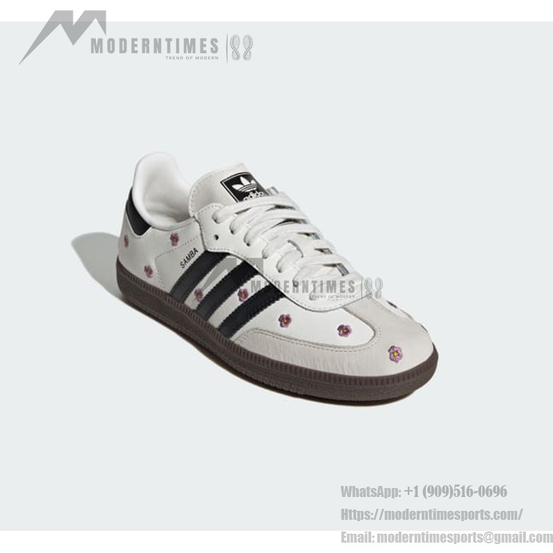 Adidas Samba OG Shoes IF4398 - White Leather Sneakers with Black Stripes and Floral Embroidery