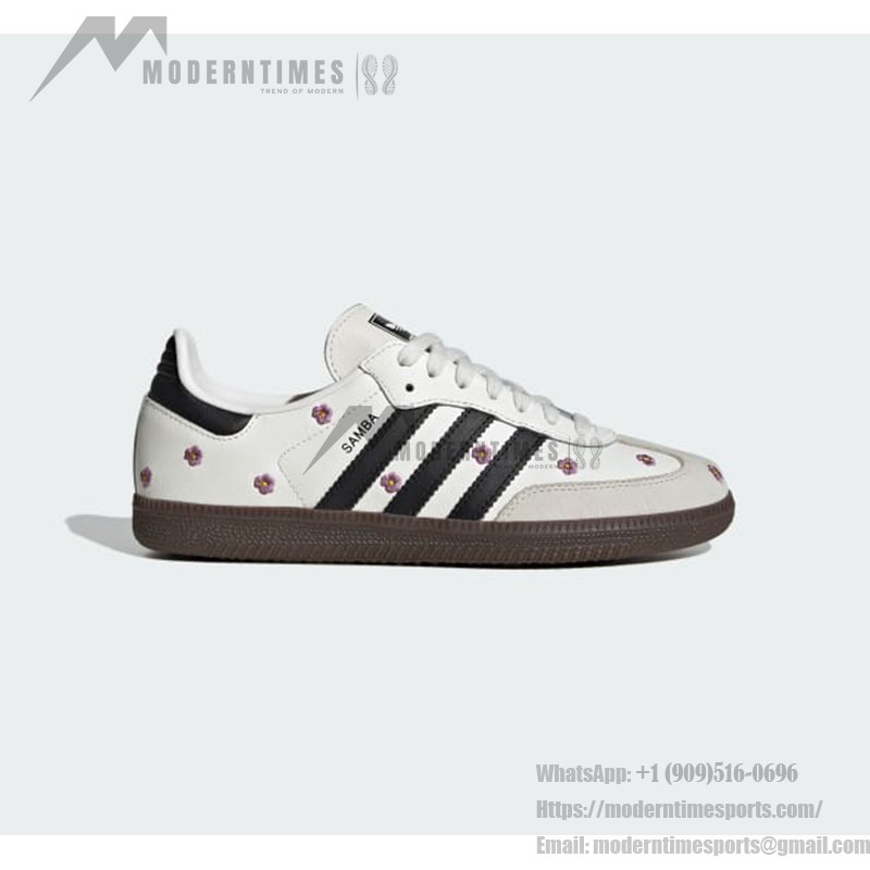 Adidas Samba OG Shoes IF4398 - White Leather Sneakers with Black Stripes and Floral Embroidery