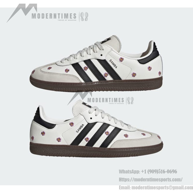 Adidas Samba OG Shoes IF4398 - White Leather Sneakers with Black Stripes and Floral Embroidery