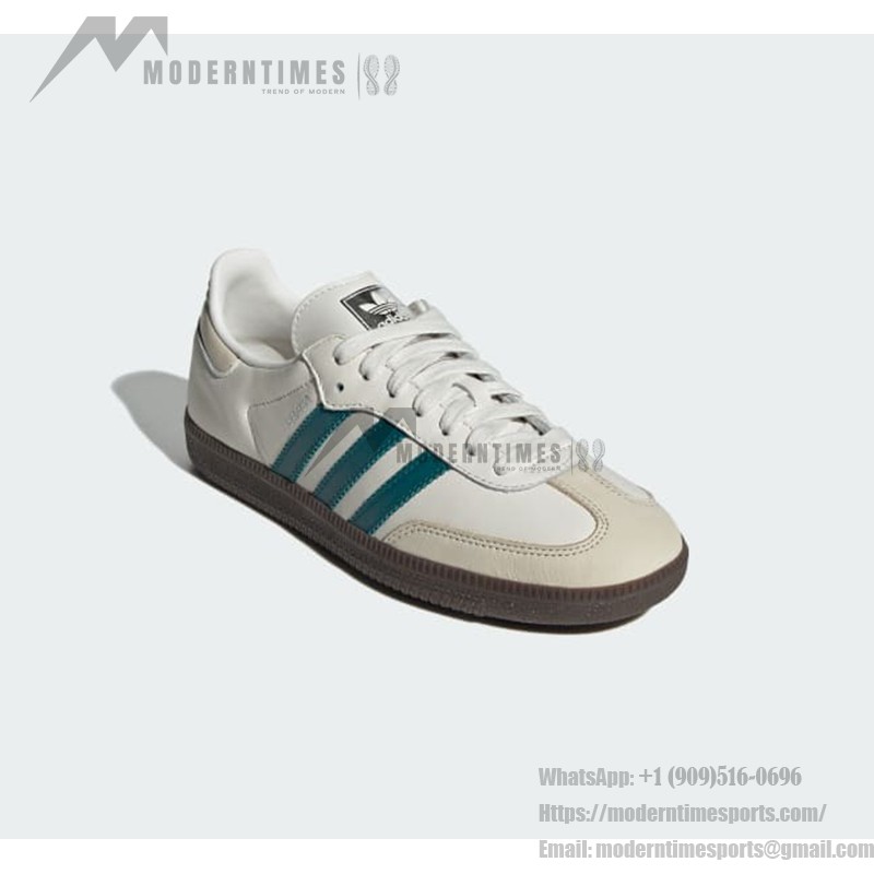 Adidas Samba OG IG1963 white leather sneakers with teal green stripes and gum sole