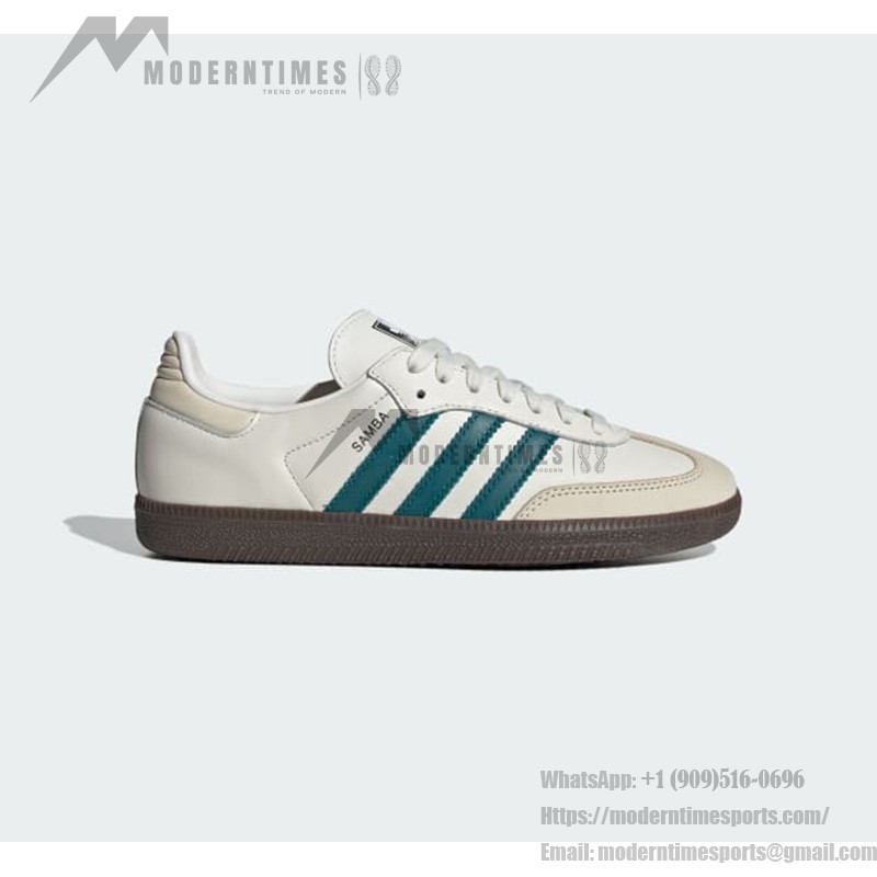 Adidas Samba OG IG1963 white leather sneakers with teal green stripes and gum sole