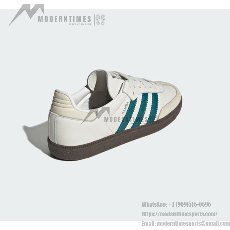 Adidas Samba OG IG1963 white leather sneakers with teal green stripes and gum sole