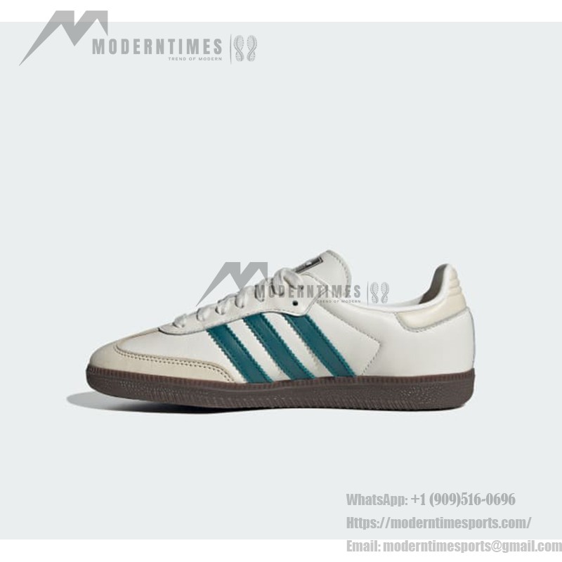 Adidas Samba OG IG1963 white leather sneakers with teal green stripes and gum sole