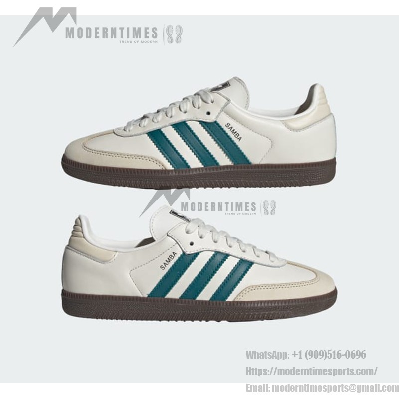 Adidas Samba OG IG1963 white leather sneakers with teal green stripes and gum sole