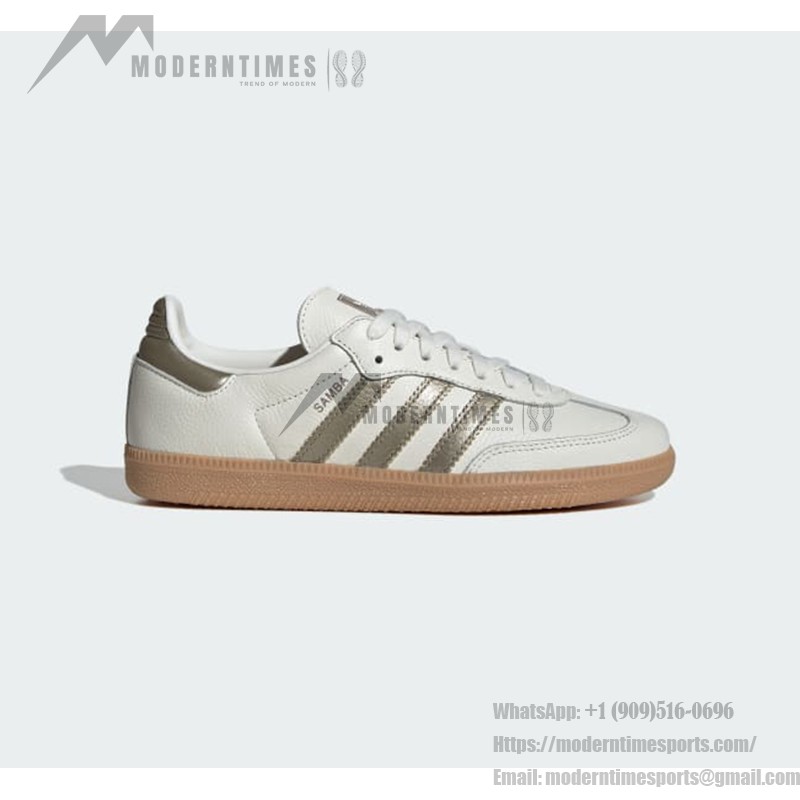 Adidas Samba OG IG1964 White Leather Sneakers with Olive Stripes and Gum Sole