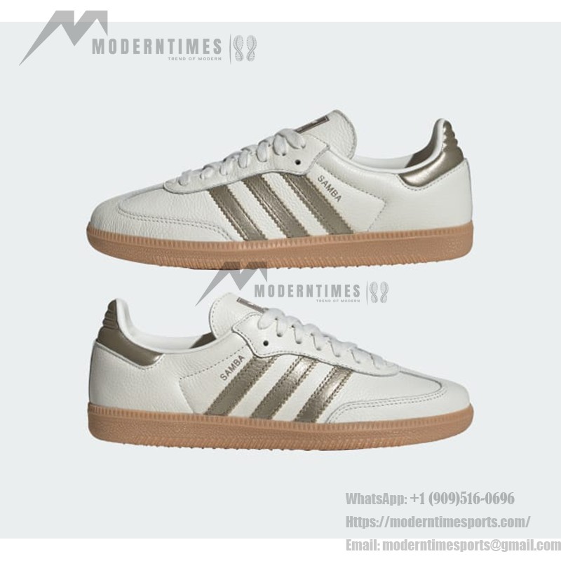 Adidas Samba OG IG1964 White Leather Sneakers with Olive Stripes and Gum Sole