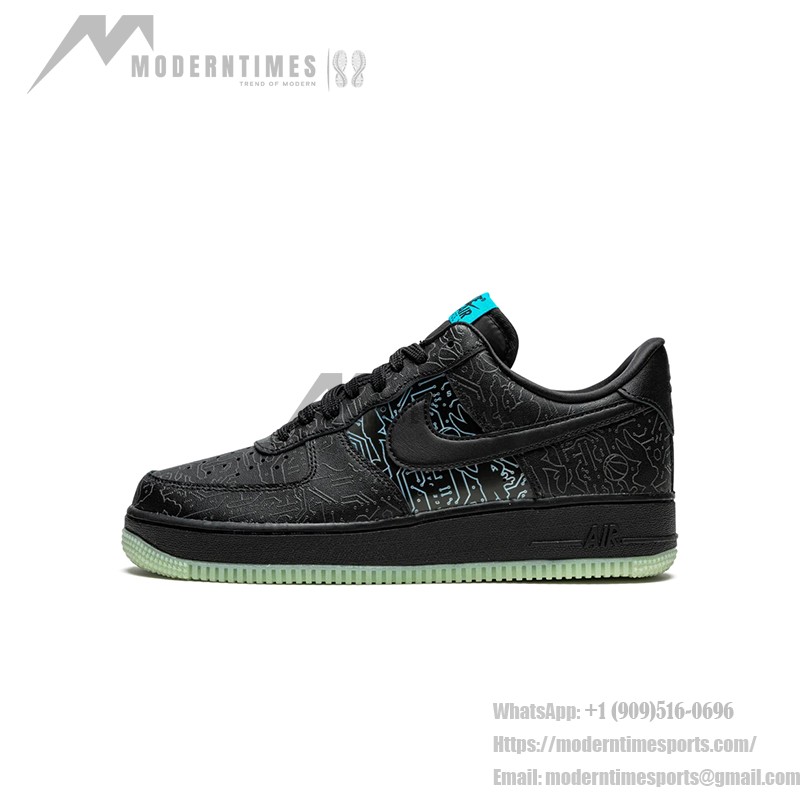 Space Jam x Nike Air Force 1 Low "Computer Chip" DH5354-001 Black Sneakers with Neon Accents and Glow-in-the-Dark Sole