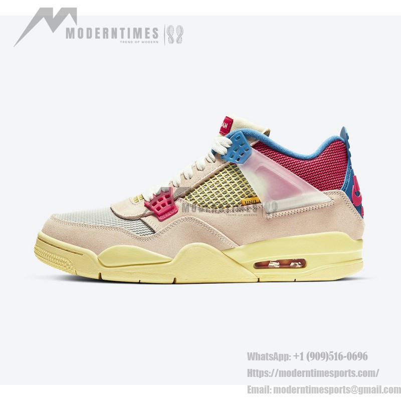 Side view of the Union x Air Jordan 4 "Guava Ice" DC9533-800 sneaker in vibrant colors