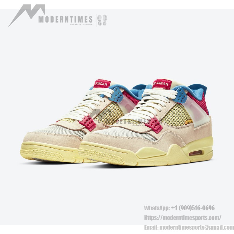 Side view of the Union x Air Jordan 4 "Guava Ice" DC9533-800 sneaker in vibrant colors