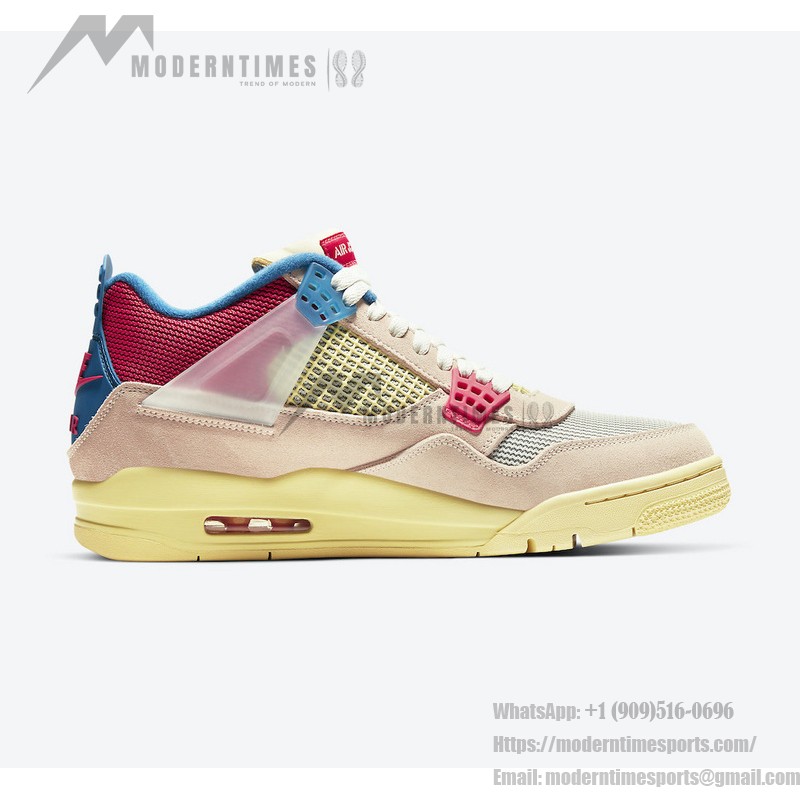 Side view of the Union x Air Jordan 4 "Guava Ice" DC9533-800 sneaker in vibrant colors